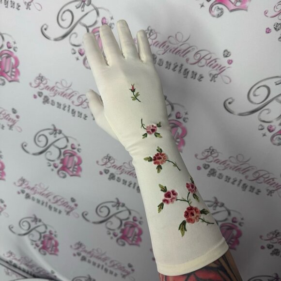 1950s cream mid-length gloves with embroidered flowers made in france rare vtg - Picture 9 of 14